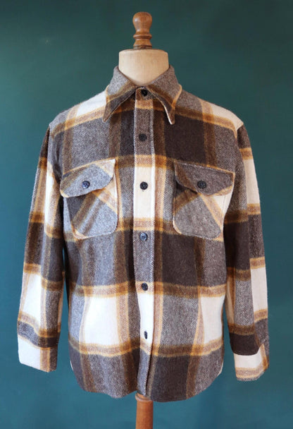 Vintage 1970s 70s his plaid checked cream brown camp shirt hiking camping CPO thick wool 48” chest logger workwear