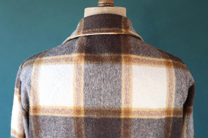 Vintage 1970s 70s his plaid checked cream brown camp shirt hiking camping CPO thick wool 48” chest logger workwear