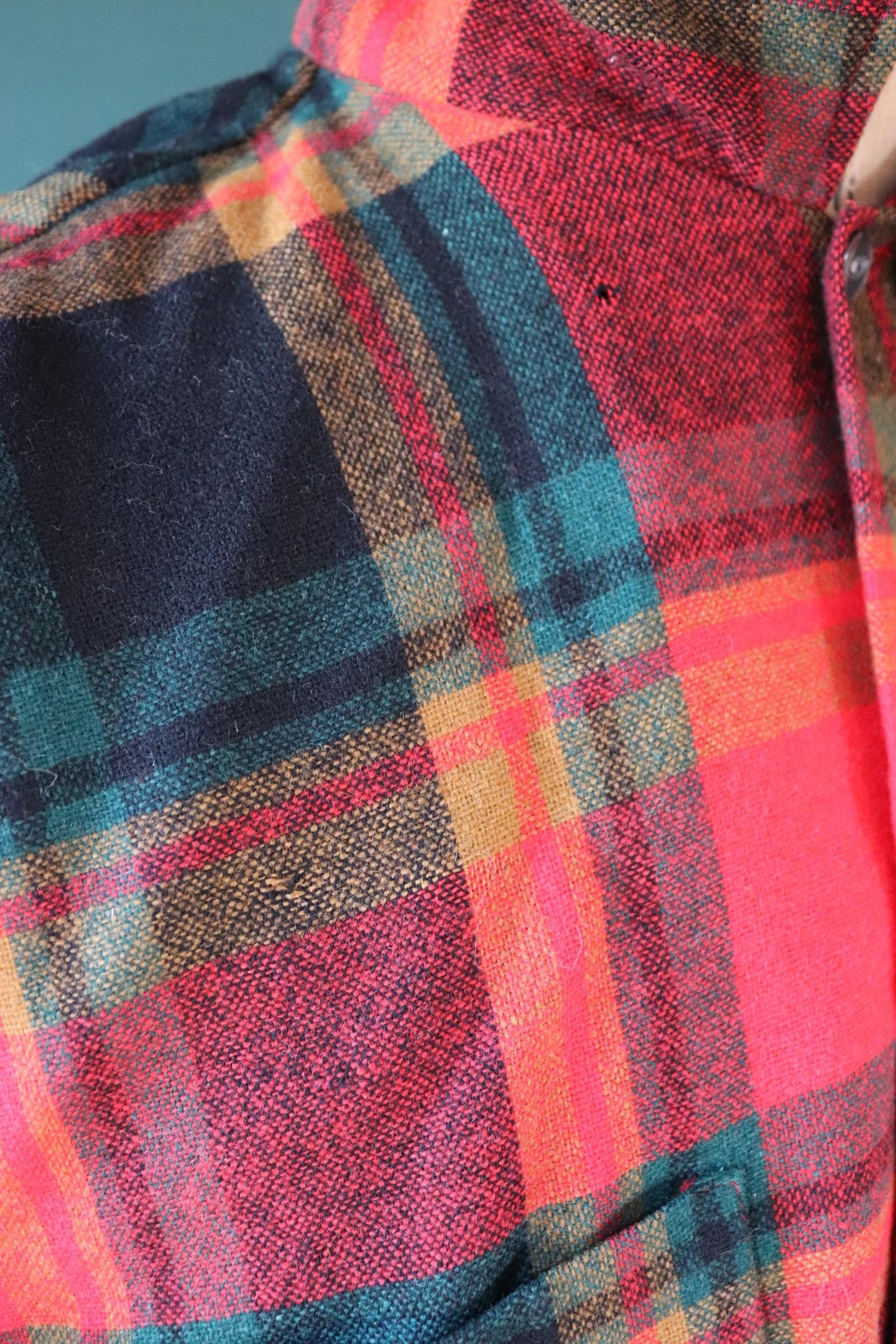 Vintage 1960s 70s plaid workwear shirt - red green check wool - hiking camping - 48” chest - logger