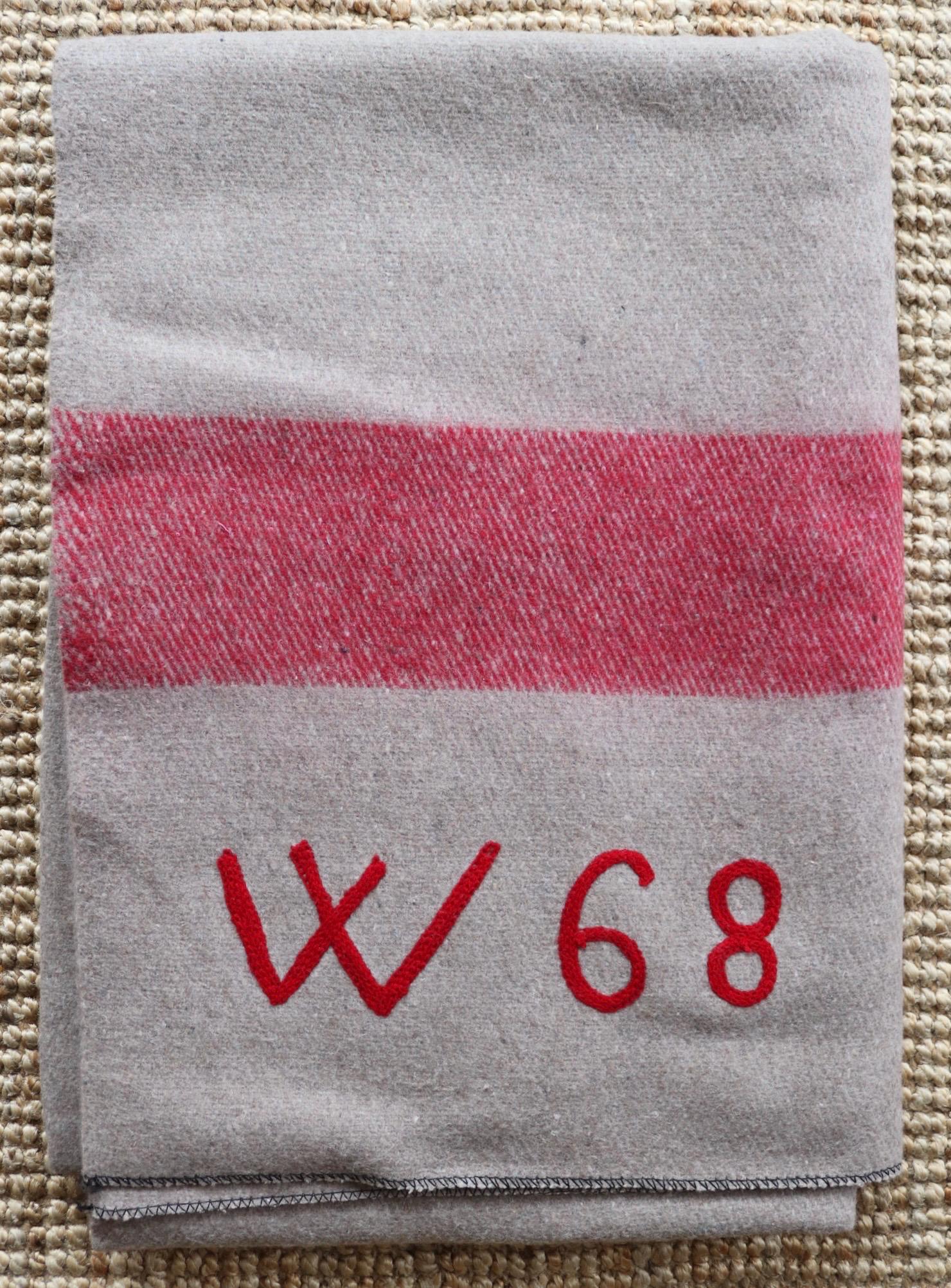 Vintage 1960s 60s Swiss army military rug blanket wool taupe red striped chain stitched log cabin camping sofa throw bed picnic