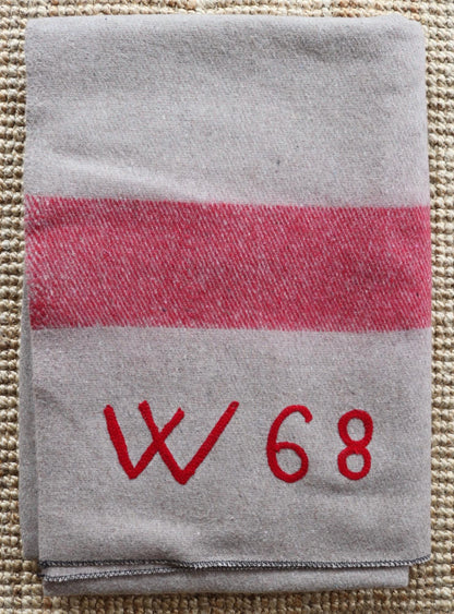 Vintage 1960s 60s Swiss army military rug blanket wool taupe red striped chain stitched log cabin camping sofa throw bed picnic
