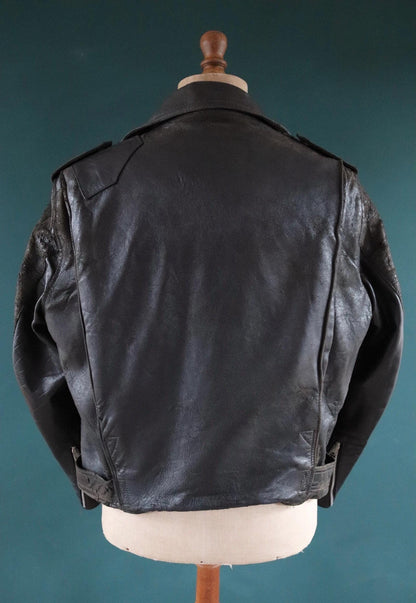 Vintage 1960s Lewis Leathers black leather jacket - Aviakit biker - 45” chest - ball and chain Lightning zipper- BSA patches