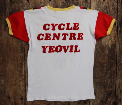 Vintage 1970s 70s red yellow black Raleigh Yeovil cycling centre t shirt top 36" chest made in England mod Tour de France