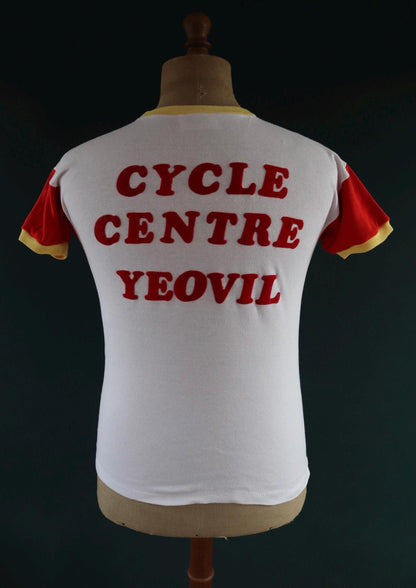 Vintage 1970s 70s red yellow black Raleigh Yeovil cycling centre t shirt top 36" chest made in England mod Tour de France