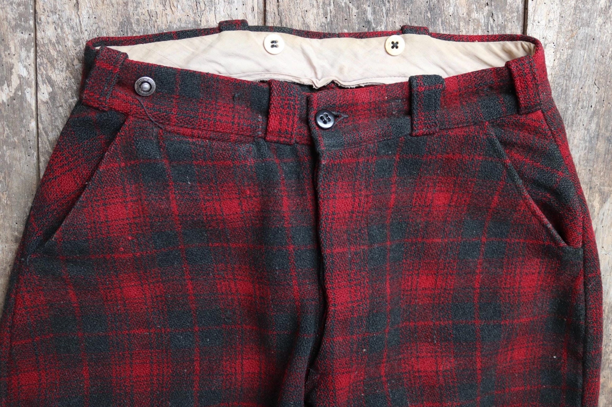 Vintage 1930s 30s 1940s 40s red black checked plaid wool hunting trousers breeches jodhpurs suspender buttons 31" x 26"