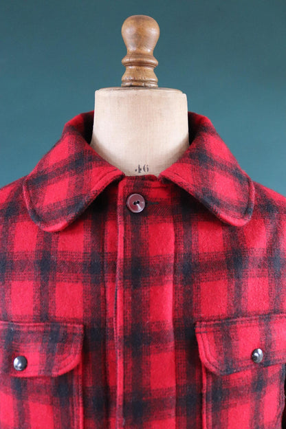 Vintage 1970s 70s 1980s 80s red black plaid Woolrich buffalo wool hunting mackinaw jacket 48” chest workwear work chore checked