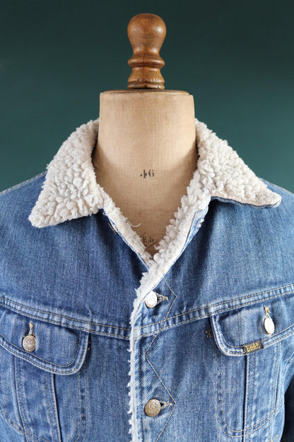 Vintage 1980s 80s Lee Storm Rider denim ranch jacket sherpa lined 44" chest workwear trucker faded