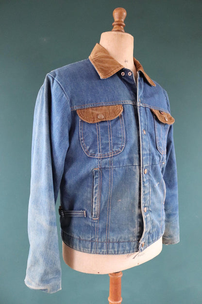 Vintage 1970s 70s 1980s 80s Key Imperial denim quilted lined trucker work jacket 46" chest corduroy collar workwear chore waist cinch
