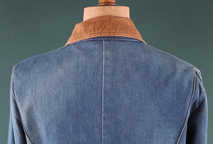 Vintage 1970s 70s 1980s 80s Key Imperial denim quilted lined trucker work jacket 46" chest corduroy collar workwear chore waist cinch