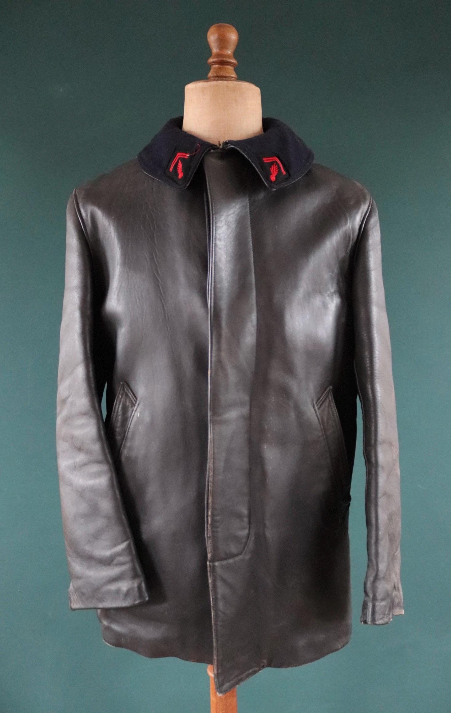 Vintage 1960s 60s 1970s 70s leather jacket French firefighter fireman pompier black Le Corbusier 44” chest workwear work chore