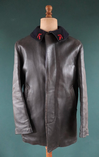 Vintage 1960s 60s 1970s 70s leather jacket French firefighter fireman pompier black Le Corbusier 44” chest workwear work chore