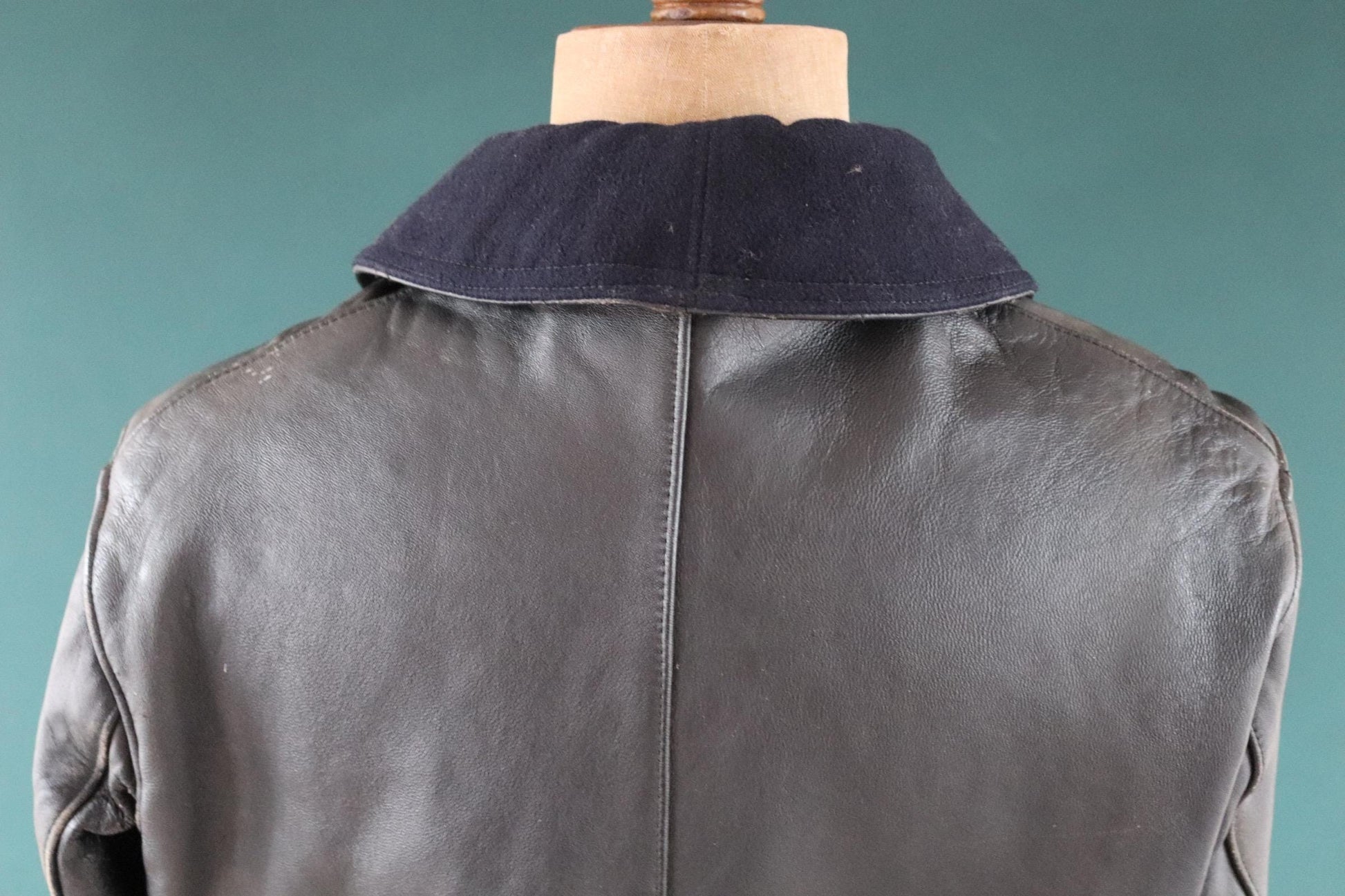 Vintage 1960s 60s 1970s 70s leather jacket French firefighter fireman pompier black Le Corbusier 44” chest workwear work chore