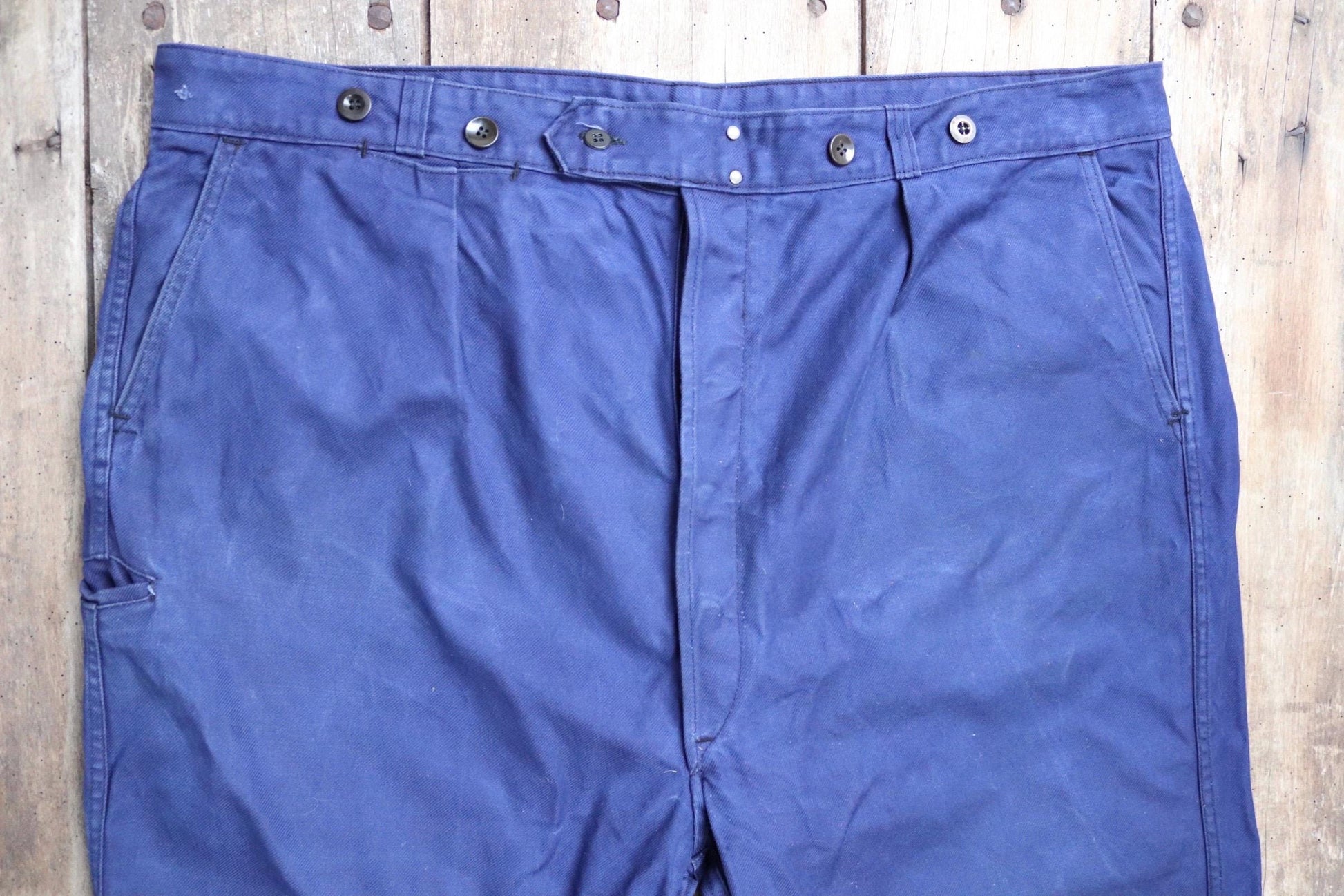 Vintage French workwear trousers pants 1960s 1970s indigo cotton twill work chore 46” x 27”