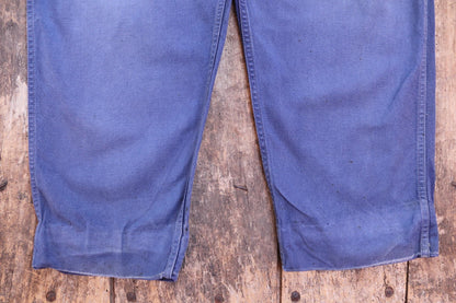 Vintage French blue workwear overalls dungarees 1950s sun faded cotton twill work chore 40” x 26” darned repaired