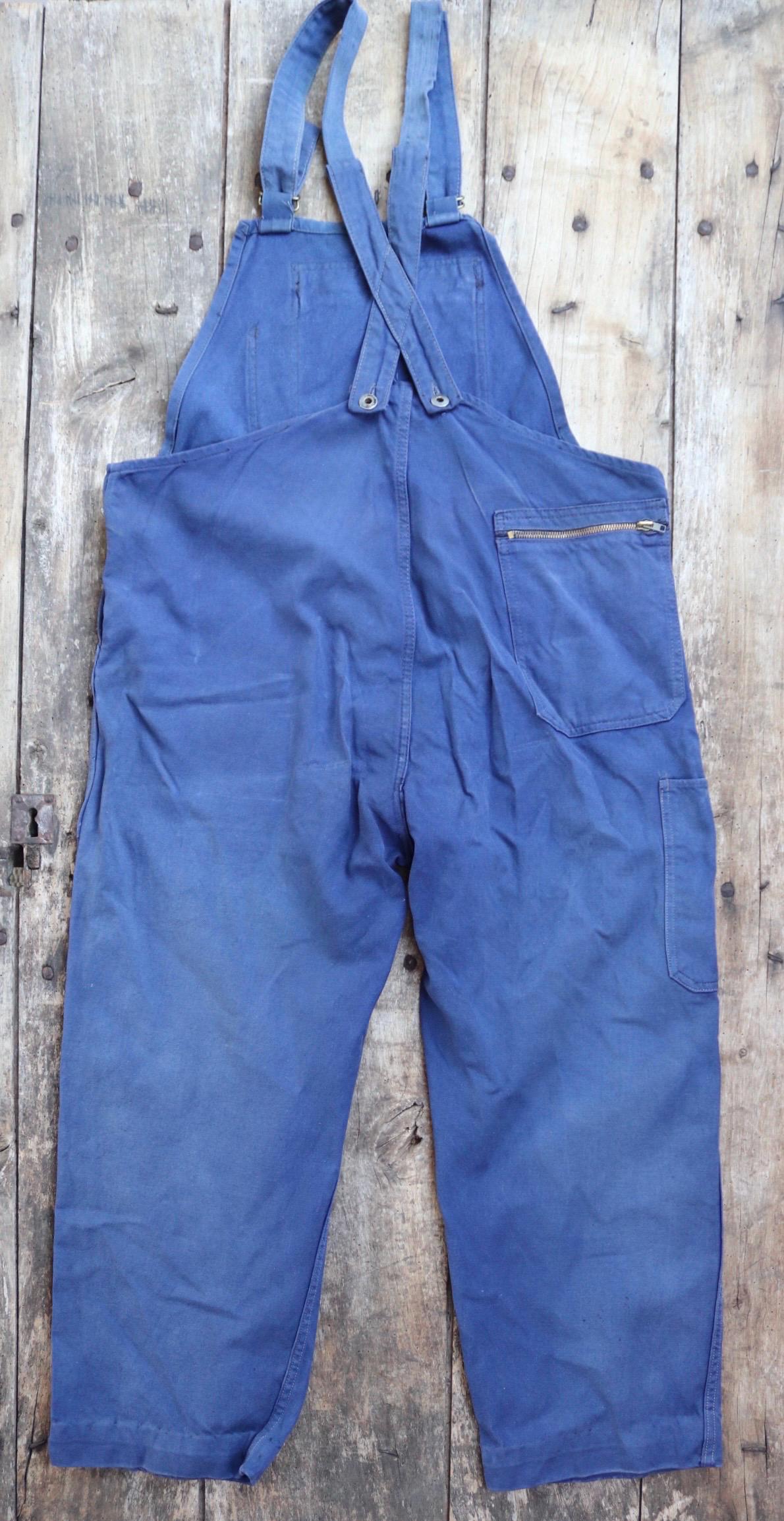 Vintage French workwear overalls dungarees Le Mont St Michel 1950s sun faded blue cotton twill work chore 41” x 26” darned repaired