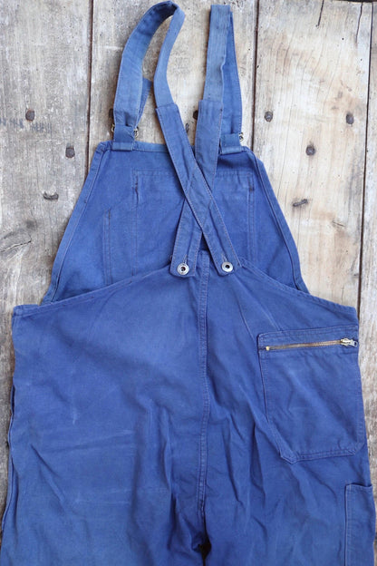 Vintage French workwear overalls dungarees Le Mont St Michel 1950s sun faded blue cotton twill work chore 41” x 26” darned repaired