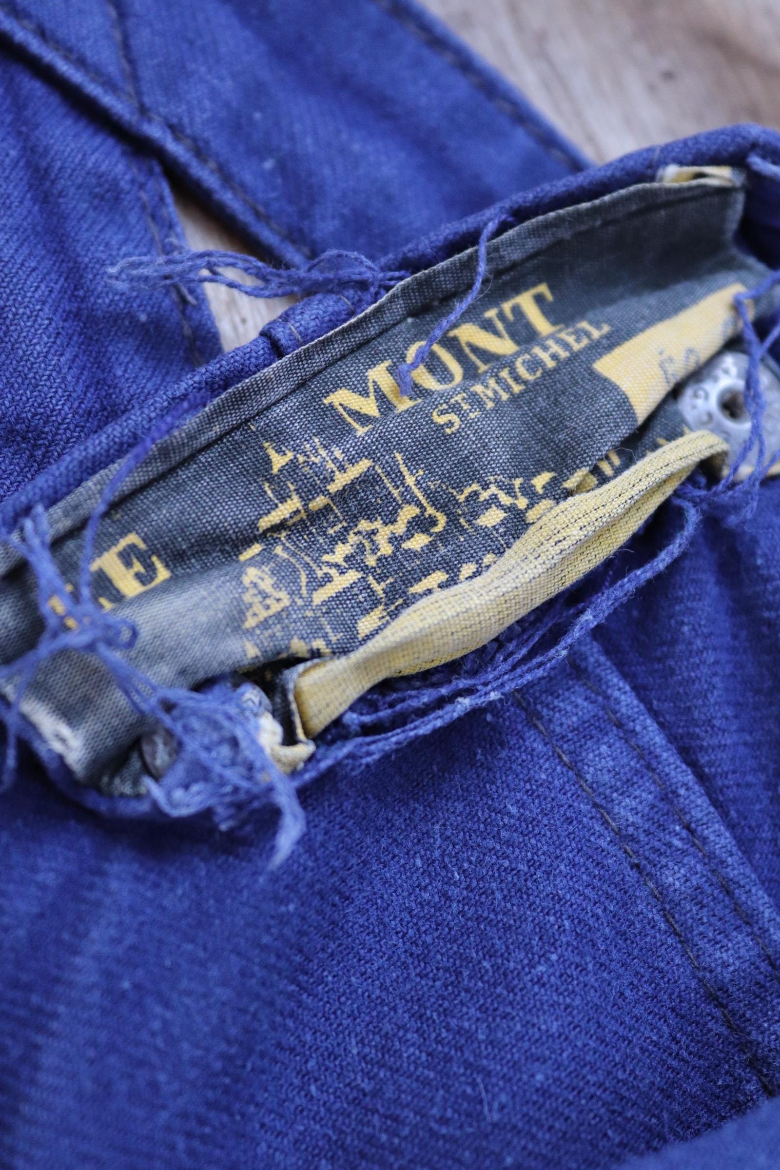 Vintage French workwear overalls dungarees Le Mont St Michel 1950s sun faded blue cotton twill work chore 41” x 26” darned repaired