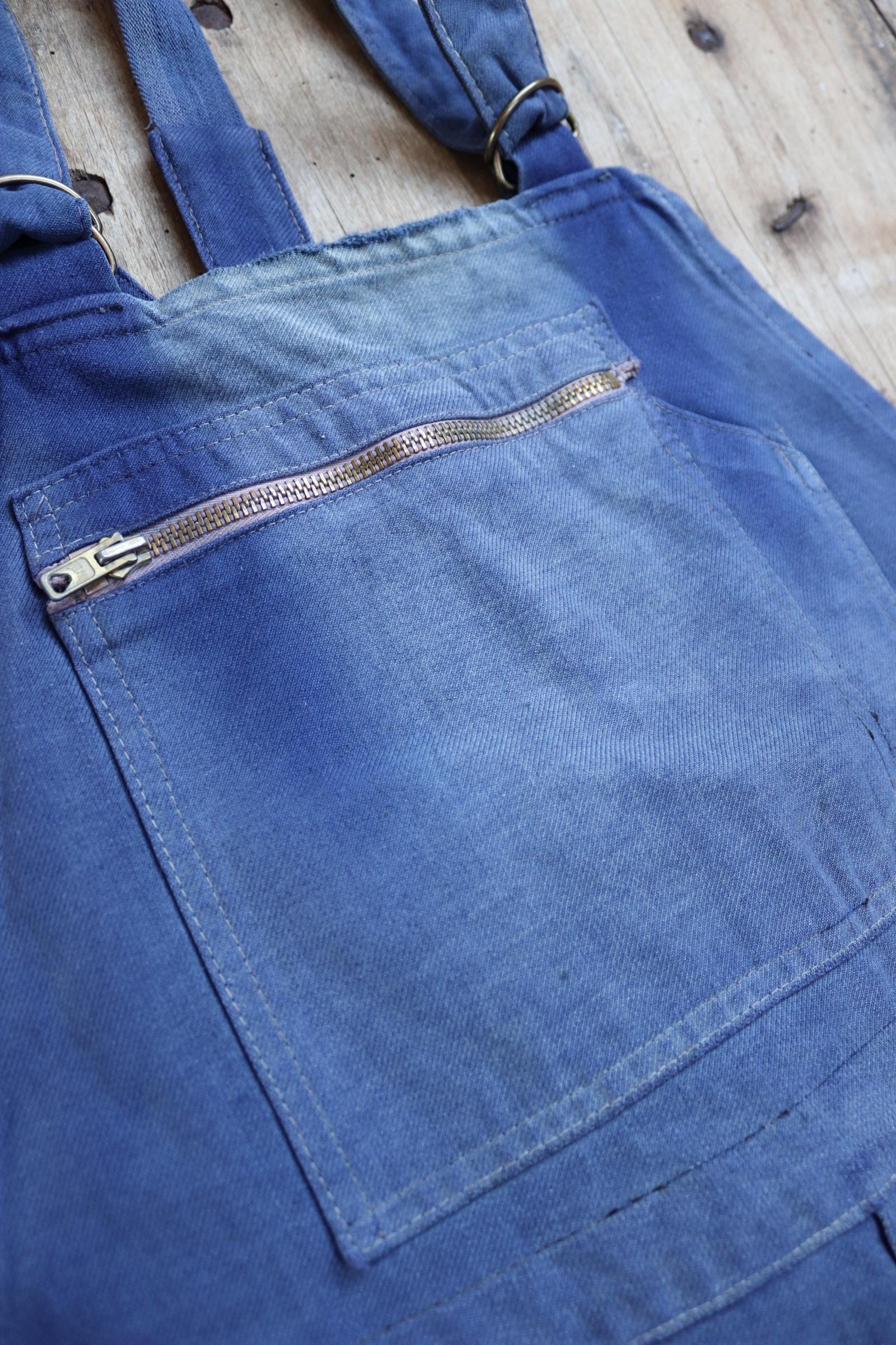 Vintage French workwear overalls dungarees Le Mont St Michel 1950s sun faded blue cotton twill work chore 41” x 26” darned repaired