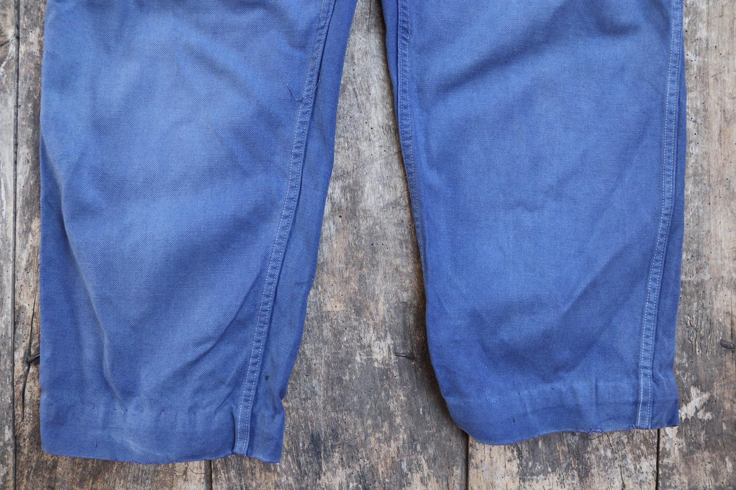 Vintage French workwear overalls dungarees Le Mont St Michel 1950s sun faded blue cotton twill work chore 41” x 26” darned repaired