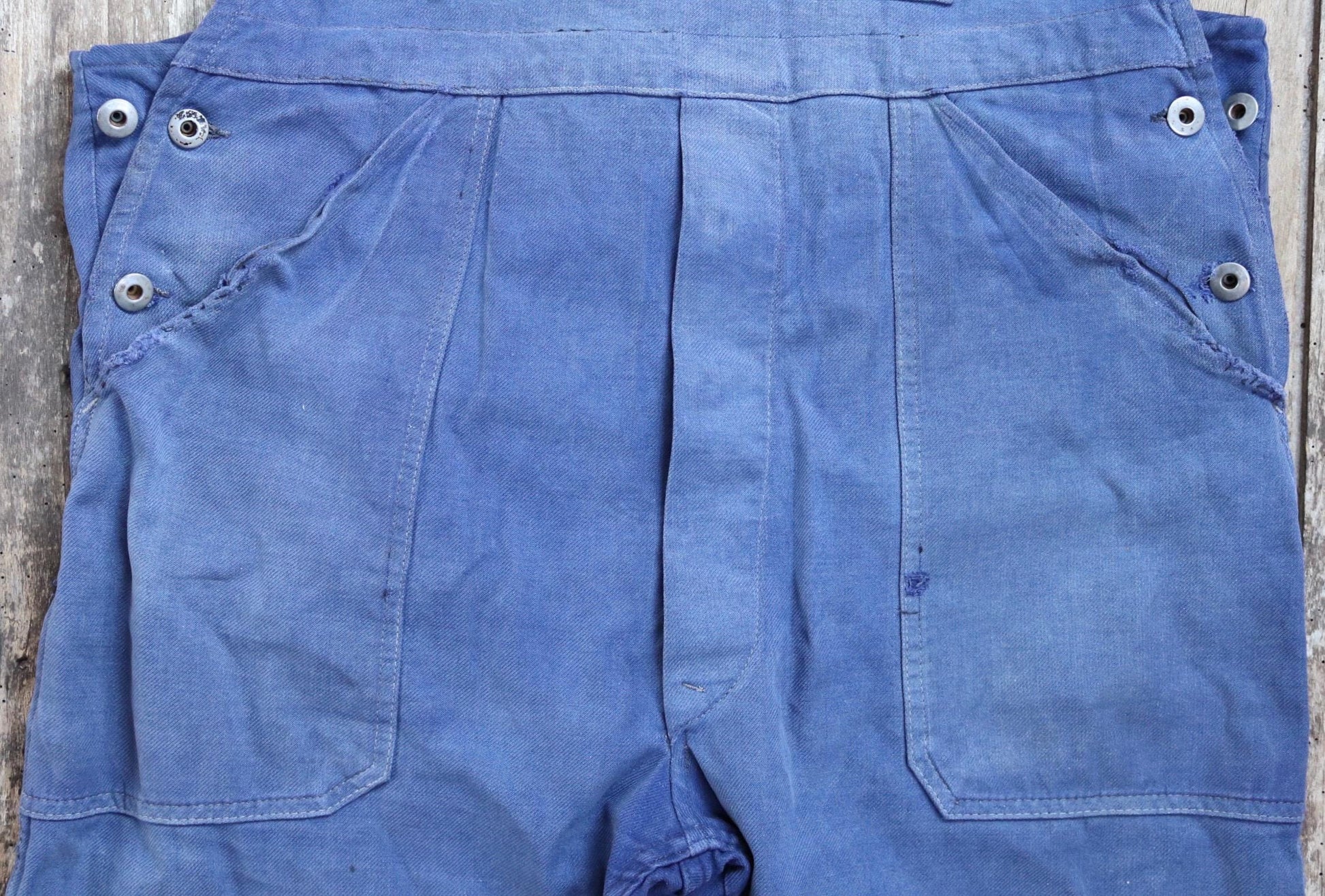 Vintage French workwear overalls dungarees Le Mont St Michel 1950s sun faded blue cotton twill work chore 41” x 26” darned repaired
