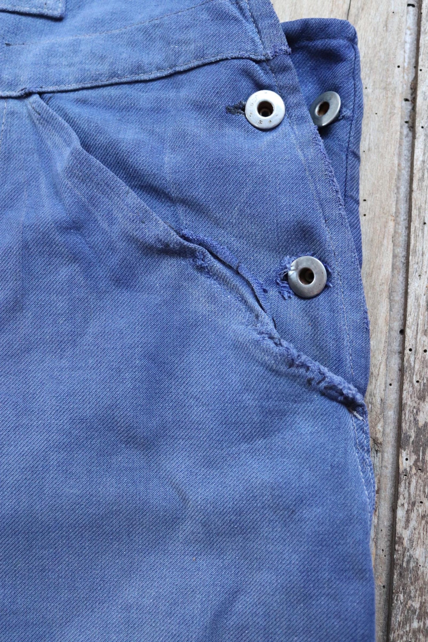 Vintage French workwear overalls dungarees Le Mont St Michel 1950s sun faded blue cotton twill work chore 41” x 26” darned repaired