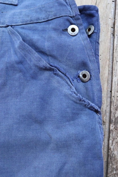 Vintage French workwear overalls dungarees Le Mont St Michel 1950s sun faded blue cotton twill work chore 41” x 26” darned repaired