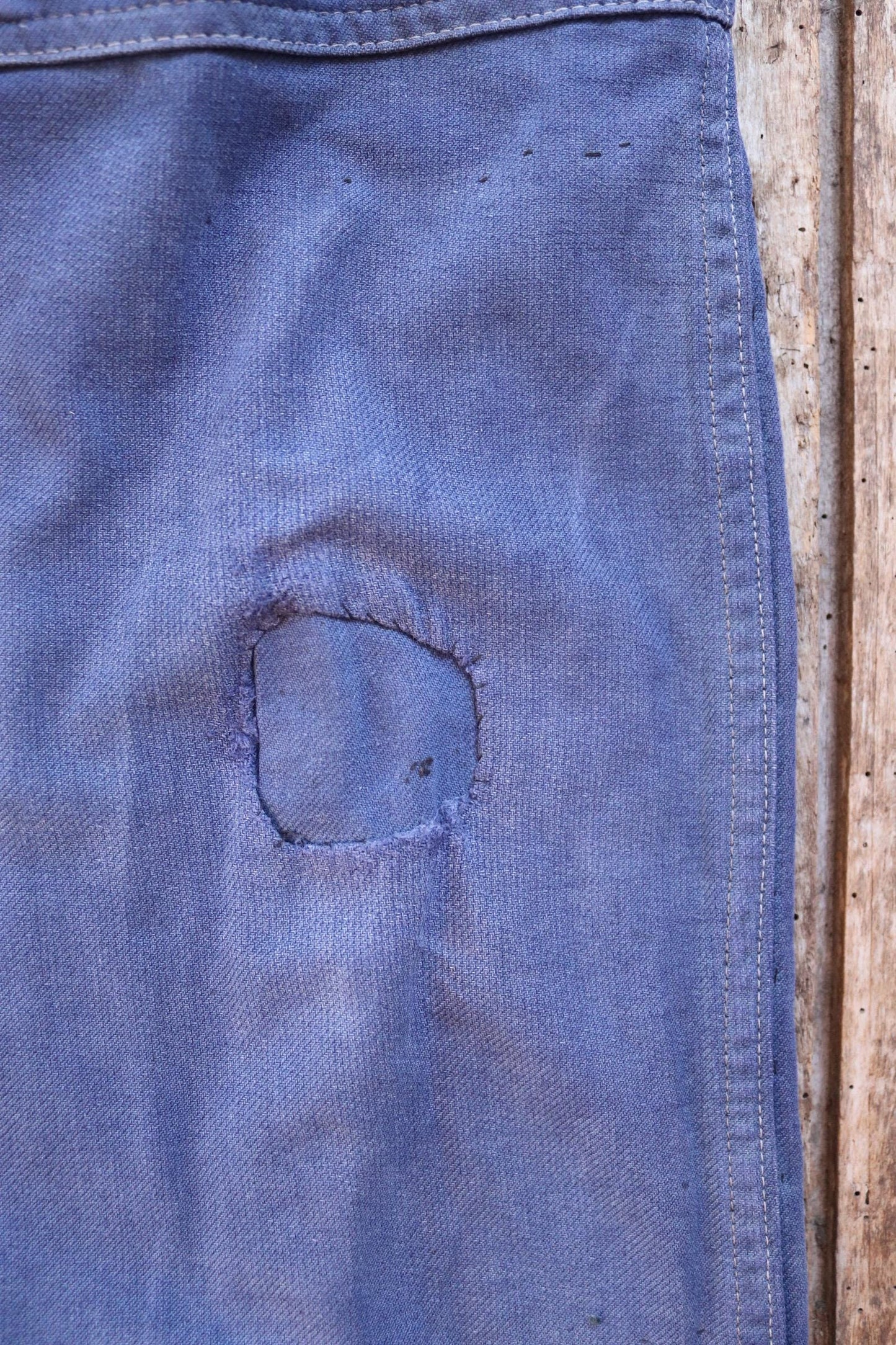 Vintage French workwear overalls dungarees Le Mont St Michel 1950s sun faded blue cotton twill work chore 42” x 26” darned repaired