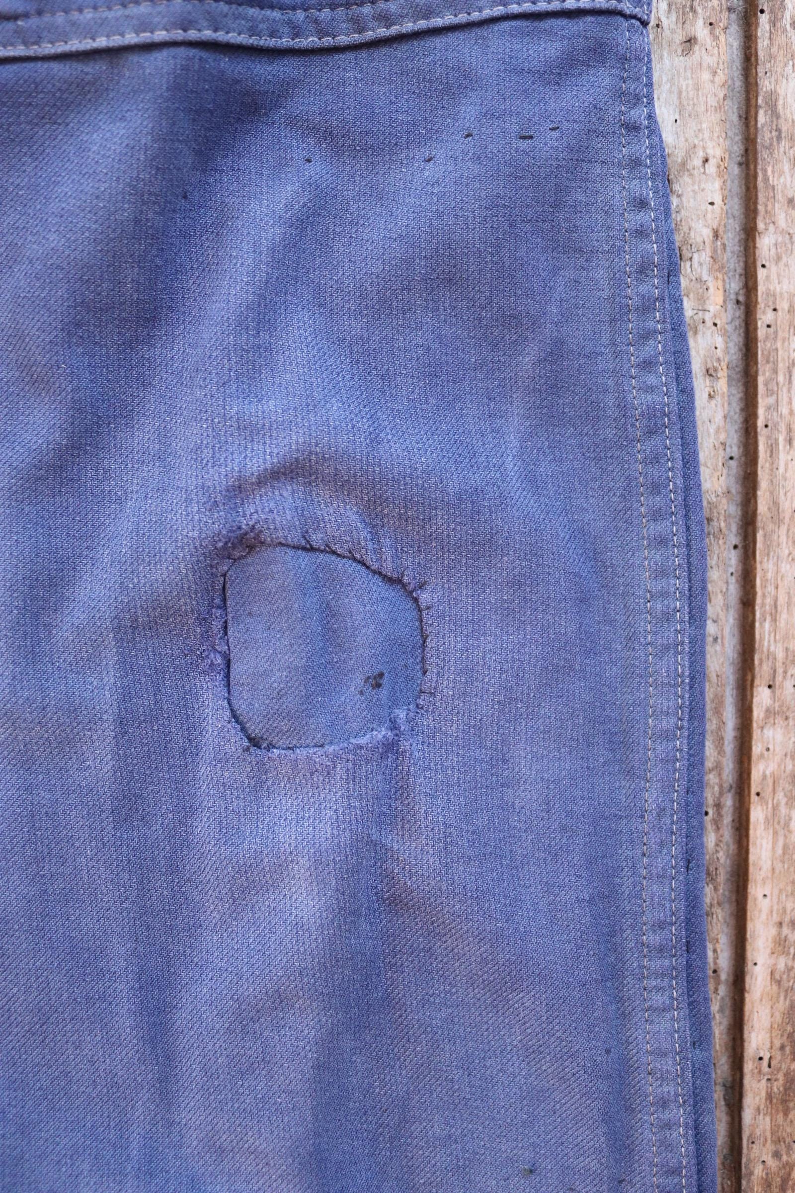 Vintage French workwear overalls dungarees Le Mont St Michel 1950s sun faded blue cotton twill work chore 42” x 26” darned repaired