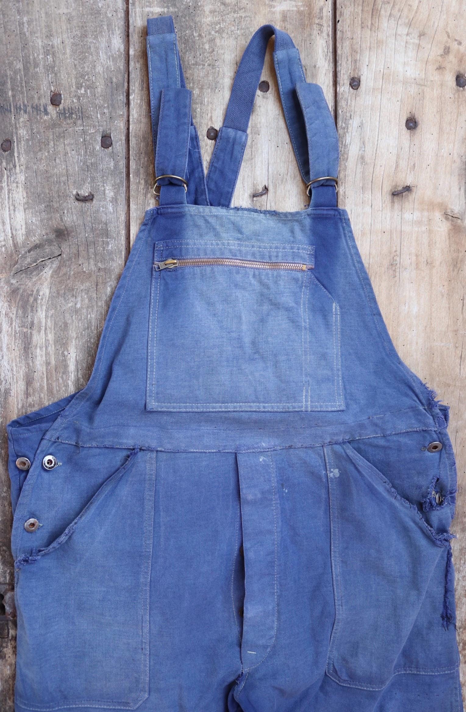 Vintage French workwear overalls dungarees Le Mont St Michel 1950s sun faded blue cotton twill work chore 42” x 26” darned repaired