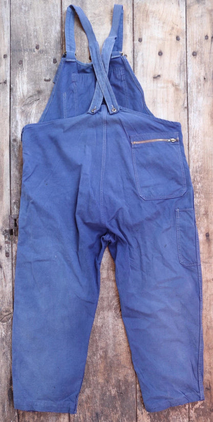 Vintage French workwear overalls dungarees Le Mont St Michel 1950s sun faded blue cotton twill work chore 42” x 26” darned repaired