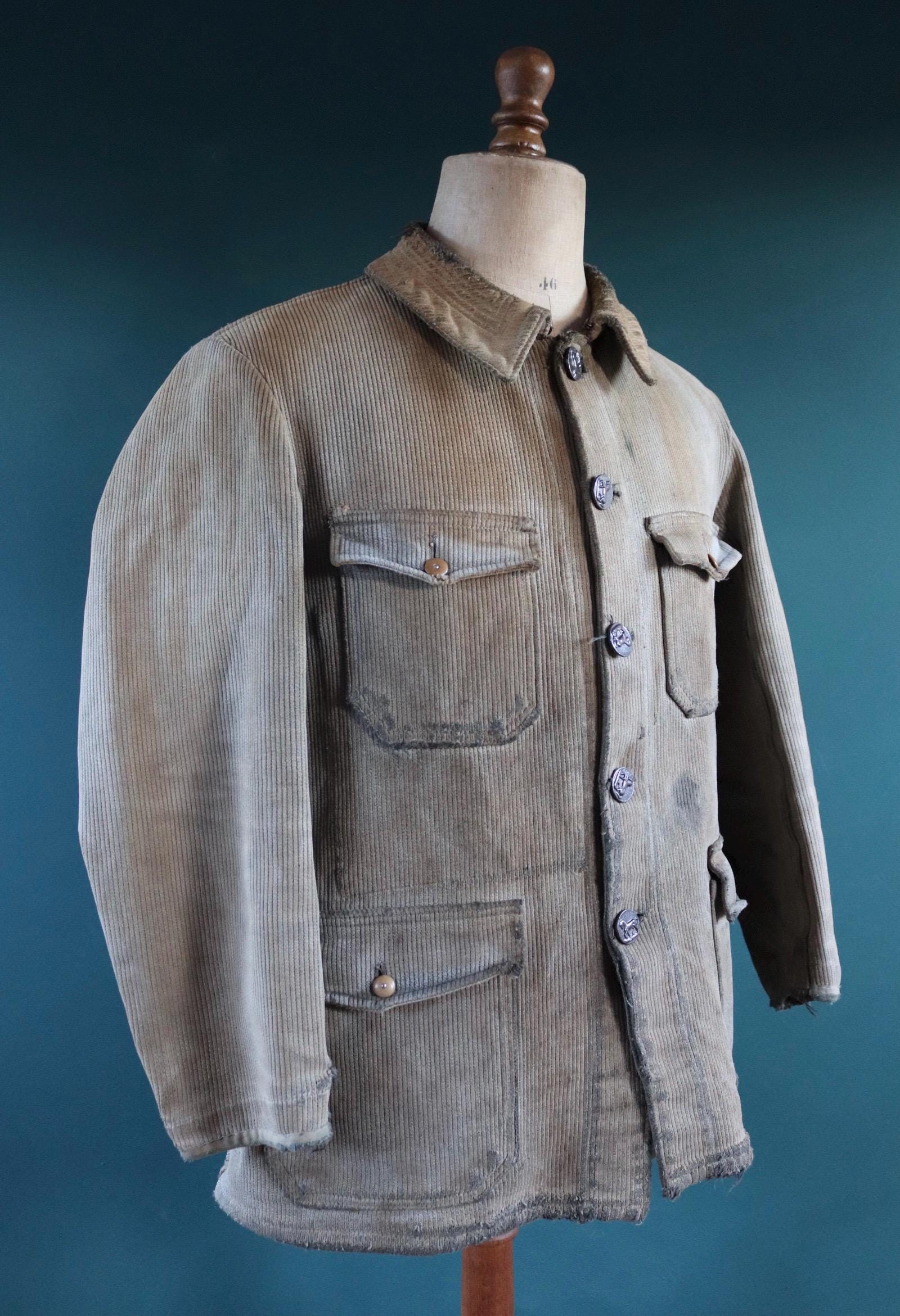Vintage French workwear jacket 1950s grey coutil pique corduroy hunting work 44” chest venery animal scene buttons darned repaired