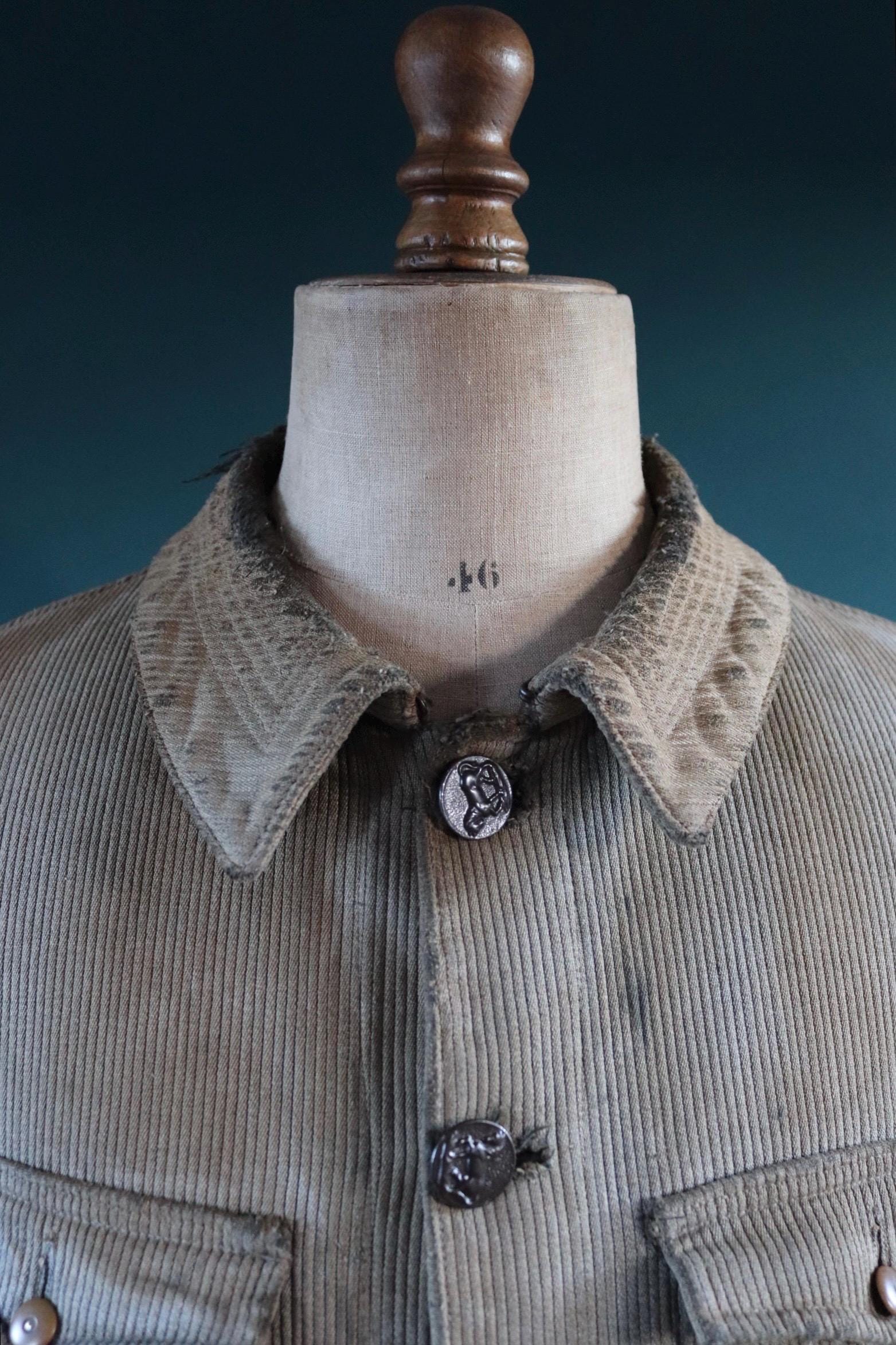 Vintage French workwear jacket 1950s grey coutil pique corduroy hunting work 44” chest venery animal scene buttons darned repaired