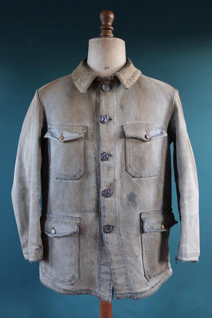 Vintage French workwear jacket 1950s grey coutil pique corduroy hunting work 44” chest venery animal scene buttons darned repaired