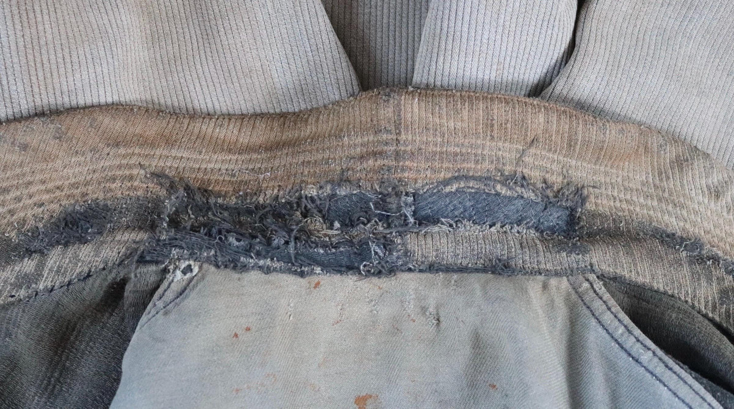 Vintage French workwear jacket 1950s grey coutil pique corduroy hunting work 44” chest venery animal scene buttons darned repaired