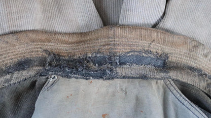 Vintage French workwear jacket 1950s grey coutil pique corduroy hunting work 44” chest venery animal scene buttons darned repaired
