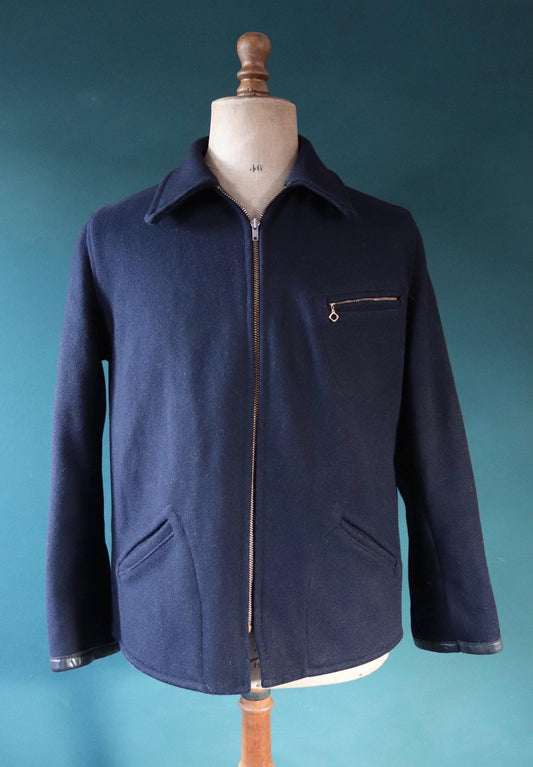 Vintage 1950s 50s Sears Hercules midnight navy blue wool half belt jacket Talon zipper 44” chest car coat