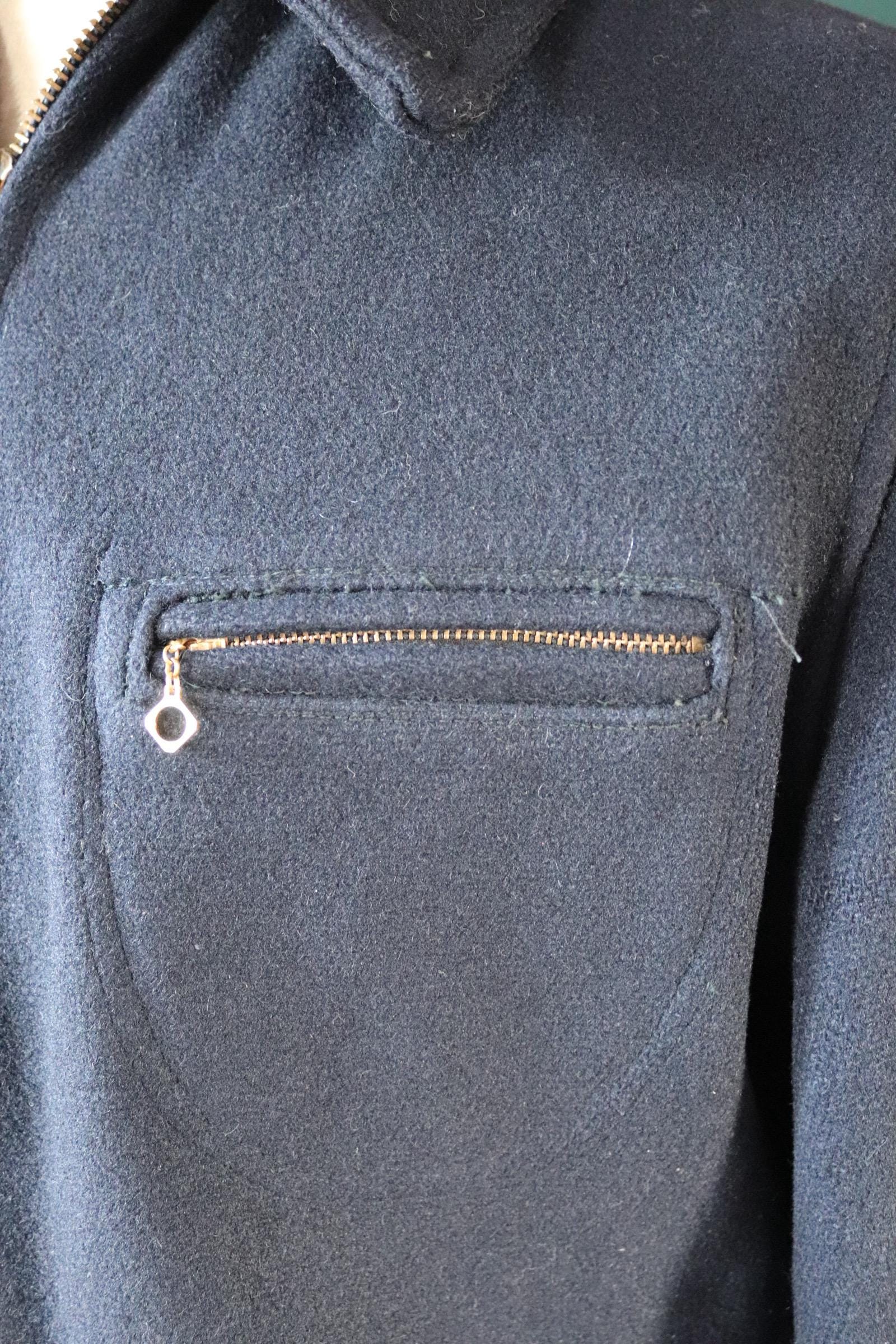 Vintage 1950s 50s Sears Hercules midnight navy blue wool half belt jacket Talon zipper 44” chest car coat