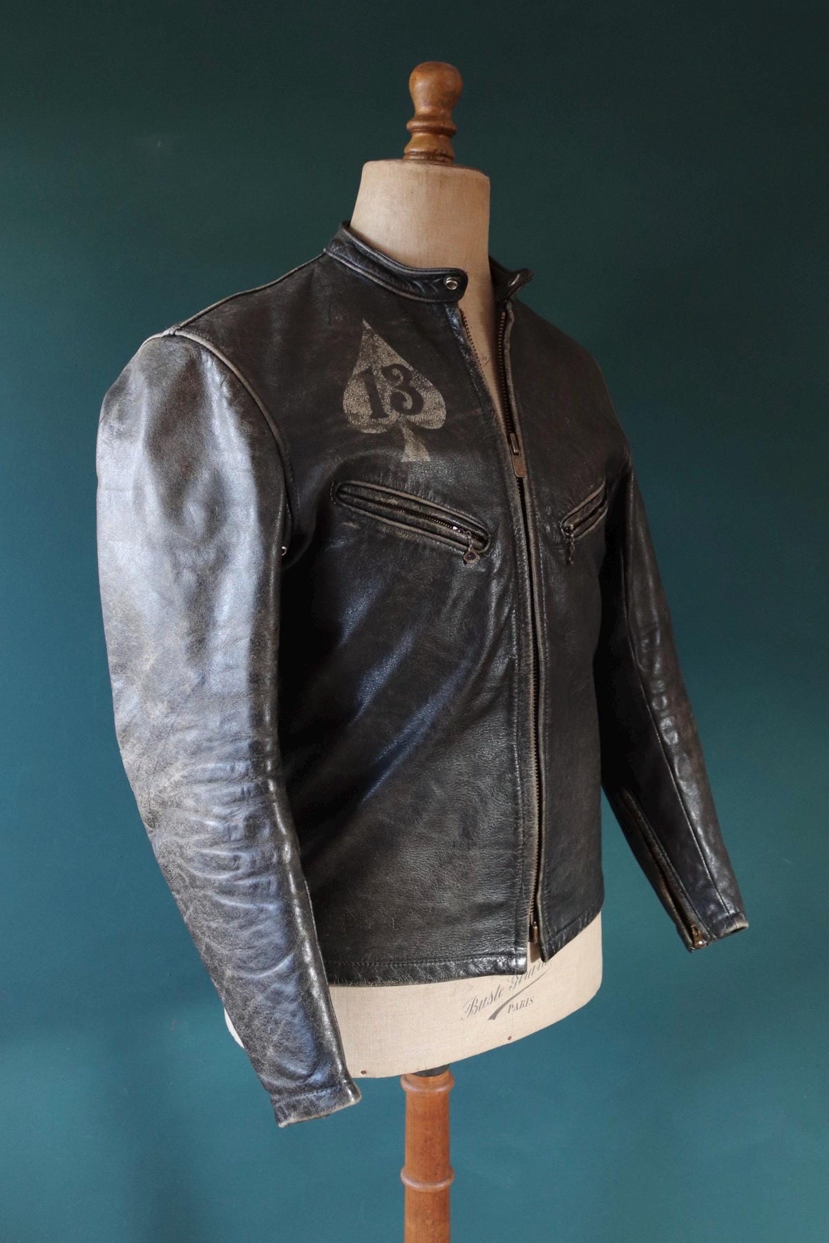 Vintage 1960s hand painted leather jacket - Bates of California - black cafe racer - Lucky 13 - 40" chest