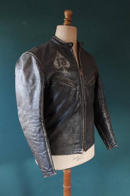Vintage 1960s hand painted leather jacket - Bates of California - black cafe racer - Lucky 13 - 40" chest