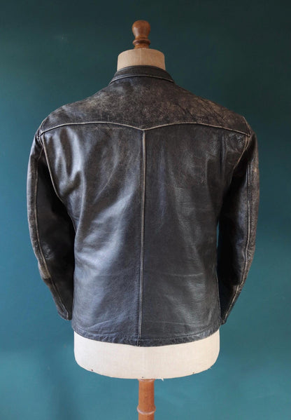 Vintage 1960s black leather biker jacket - cafe racer - Bates of California - 40” chest - motorcycle - original hand painted lucky 13 ace