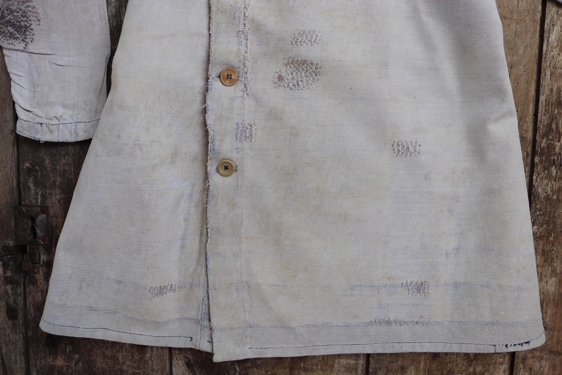 Vintage French workwear antique linen 1800s 1900s kids childrens faded indigo blue school dress smock 34” chest age 4 5 6