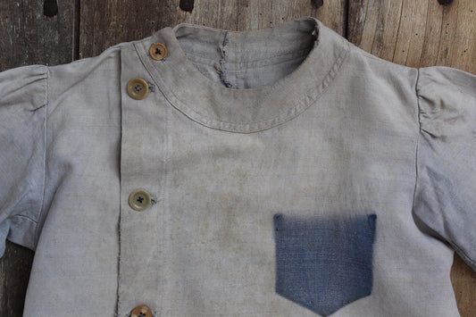Vintage French workwear antique linen 1800s 1900s kids childrens faded indigo blue school dress smock 34” chest age 4 5 6