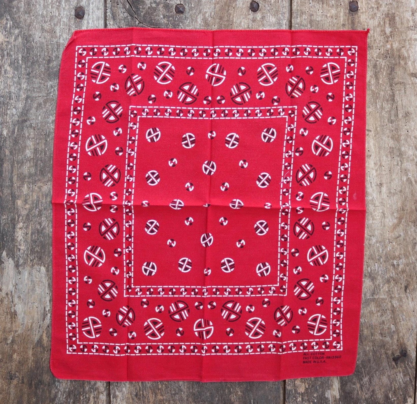 Vintage 1960s 60s turkey red printed bandana pocket square neckerchief cotton color colour fast workwear RN 13960