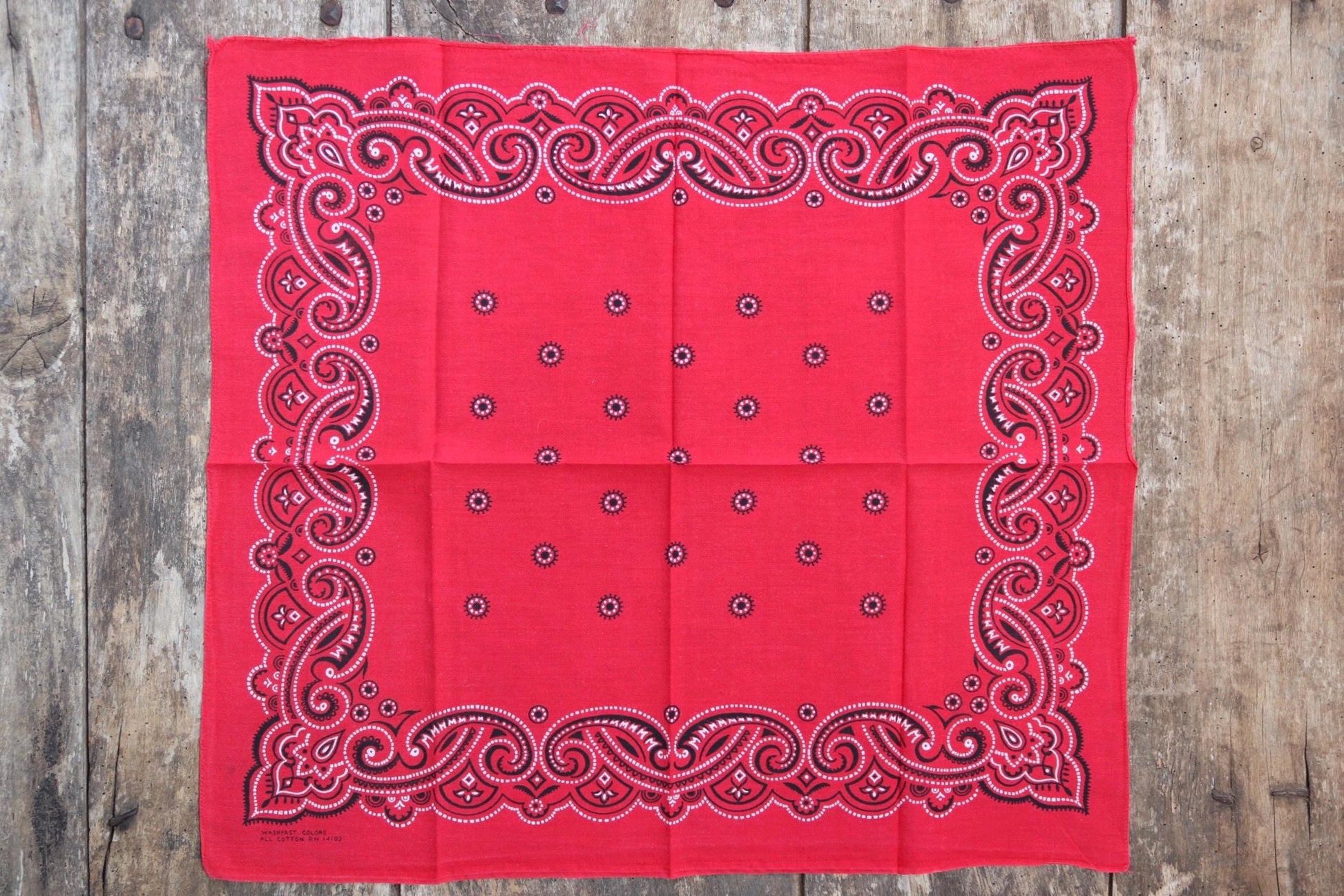 Vintage 1960s 60s turkey red printed bandana pocket square neckerchief cotton color colour fast workwear RN 14193