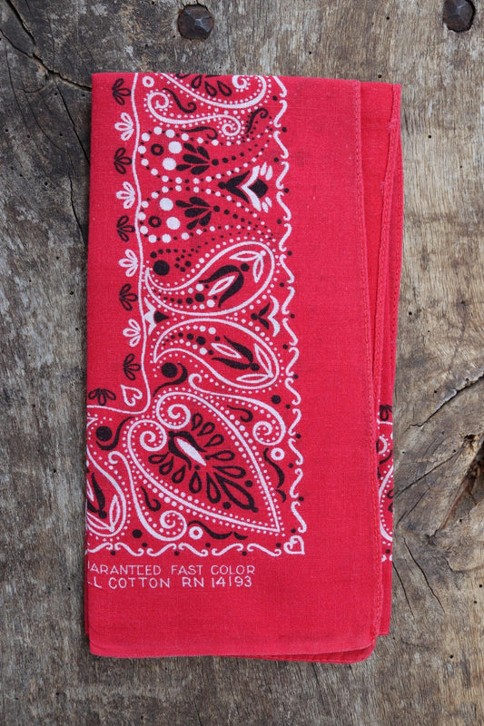 Vintage 1960s 60s turkey red printed bandana pocket square neckerchief cotton color colour fast workwear RN 14193
