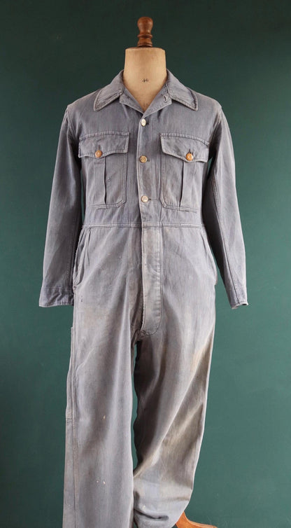 Vintage 1960s 60s Vole British blue cotton twill coveralls overalls work workwear chore boiler suit 41” 36” 27”