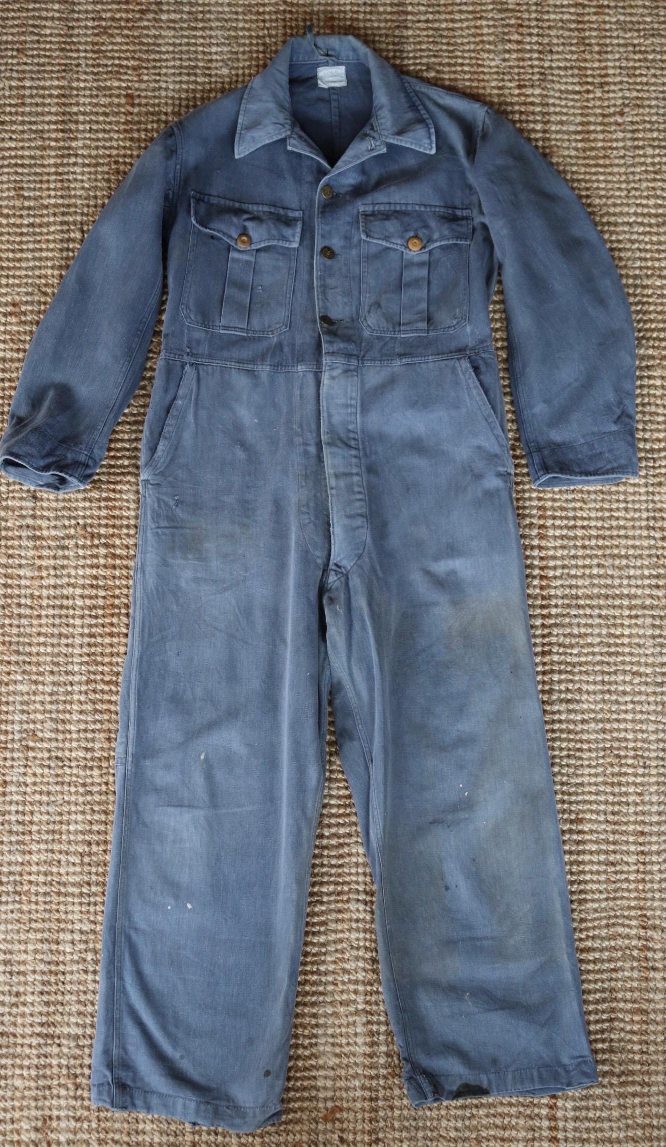 Vintage 1960s 60s Vole British blue cotton twill coveralls overalls work workwear chore boiler suit 41” 36” 27”