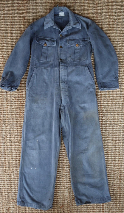 Vintage 1960s 60s Vole British blue cotton twill coveralls overalls work workwear chore boiler suit 41” 36” 27”