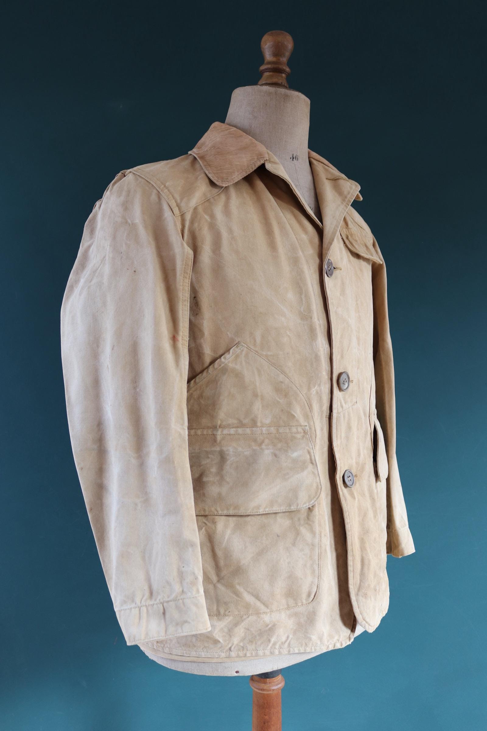 Vintage 1930s 30s 1940s 40s tin cloth duck cotton canvas hunting shooting jacket 43” chest Drybak American workwear work chore