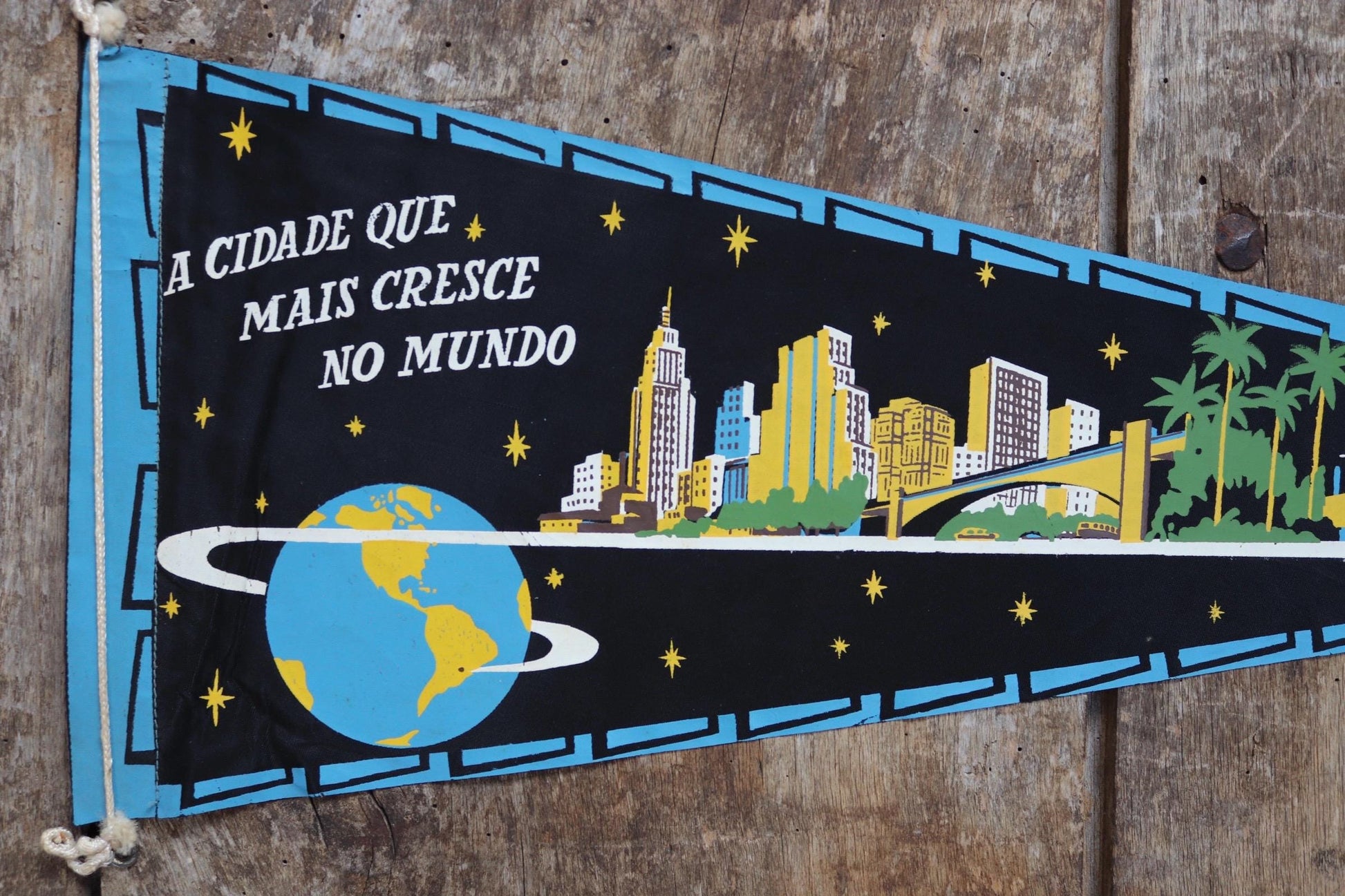 Vintage 1950s home decor Brazilian São Paulo satin mid century tourist souvenir pennant screen printed print